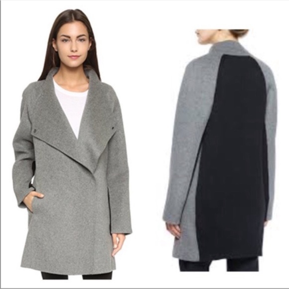 Vince Two Tone Wool Blend Drape Neck Sweater Coat in Grey and Black - Picture 6 of 14